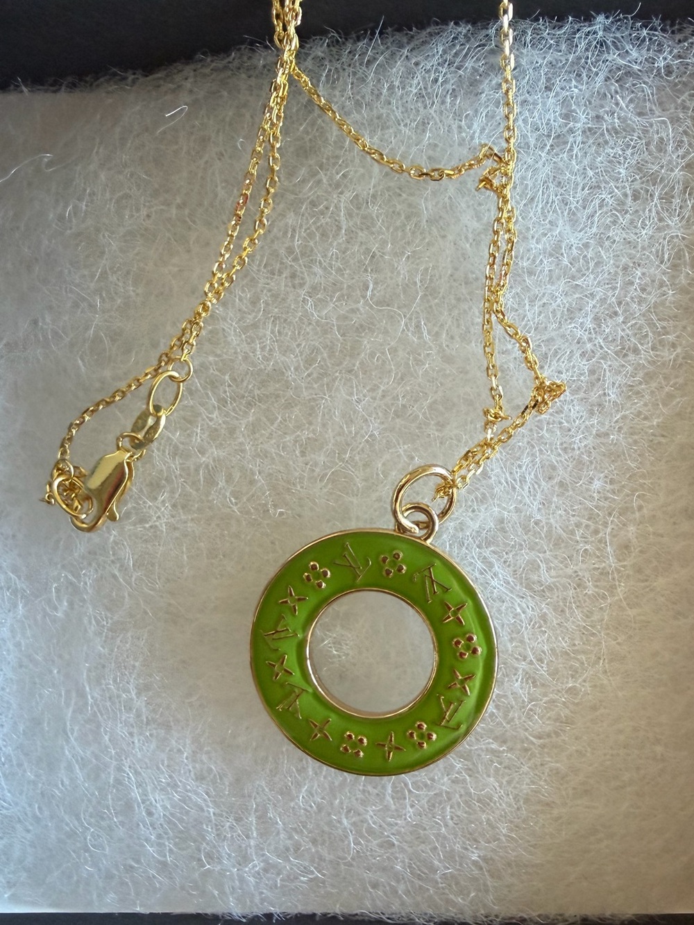 Gold Chain Necklace with Green Circular LV Pendant